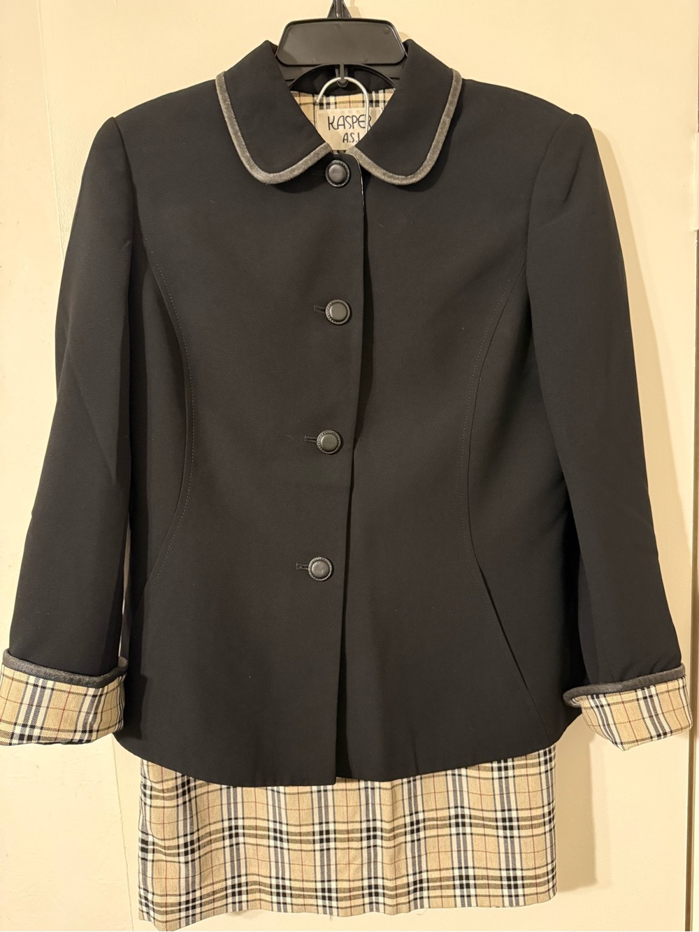 Kasper Suit vintage Black jacket with cuffs and Burberry plaid skirt Size 8